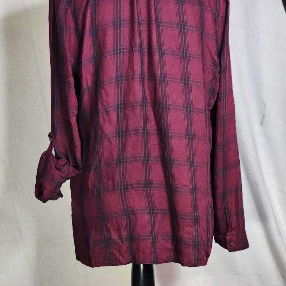 A.N.A. A New Approach Wine Black Plaid Long Tab Sleeve Button Up Faux Wrap Top S - Picture 14 of 16